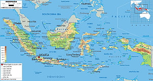 Detailed Political and Physical Map of Indonesia Archipelago with Major Cities HD wallpaper