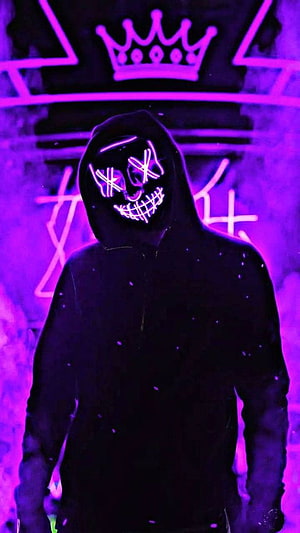 Glowing LED Halloween Mask with Purple Neon Crown and Smoke Background HD phone wallpaper
