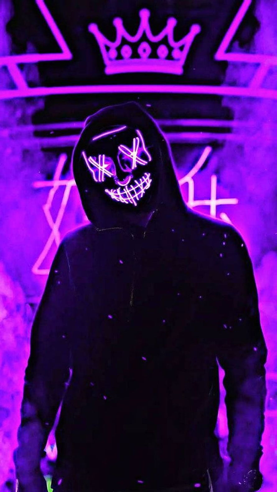 Glowing LED Halloween Mask with Purple Neon Crown and Smoke Background HD phone wallpaper