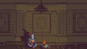 Dark Souls Solaire Pixel Art Knight Meditating by Campfire in Ornate Hall HD wallpaper