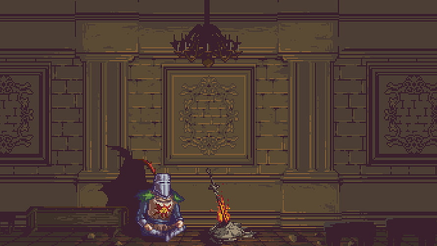 Dark Souls Solaire Pixel Art Knight Meditating by Campfire in Ornate Hall HD wallpaper
