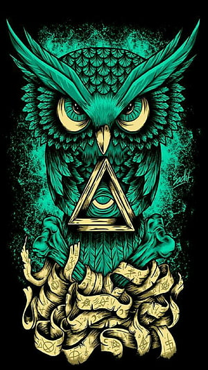 Mystical Teal Owl with Occult Triangle and Runes Tattoo Design HD phone wallpaper