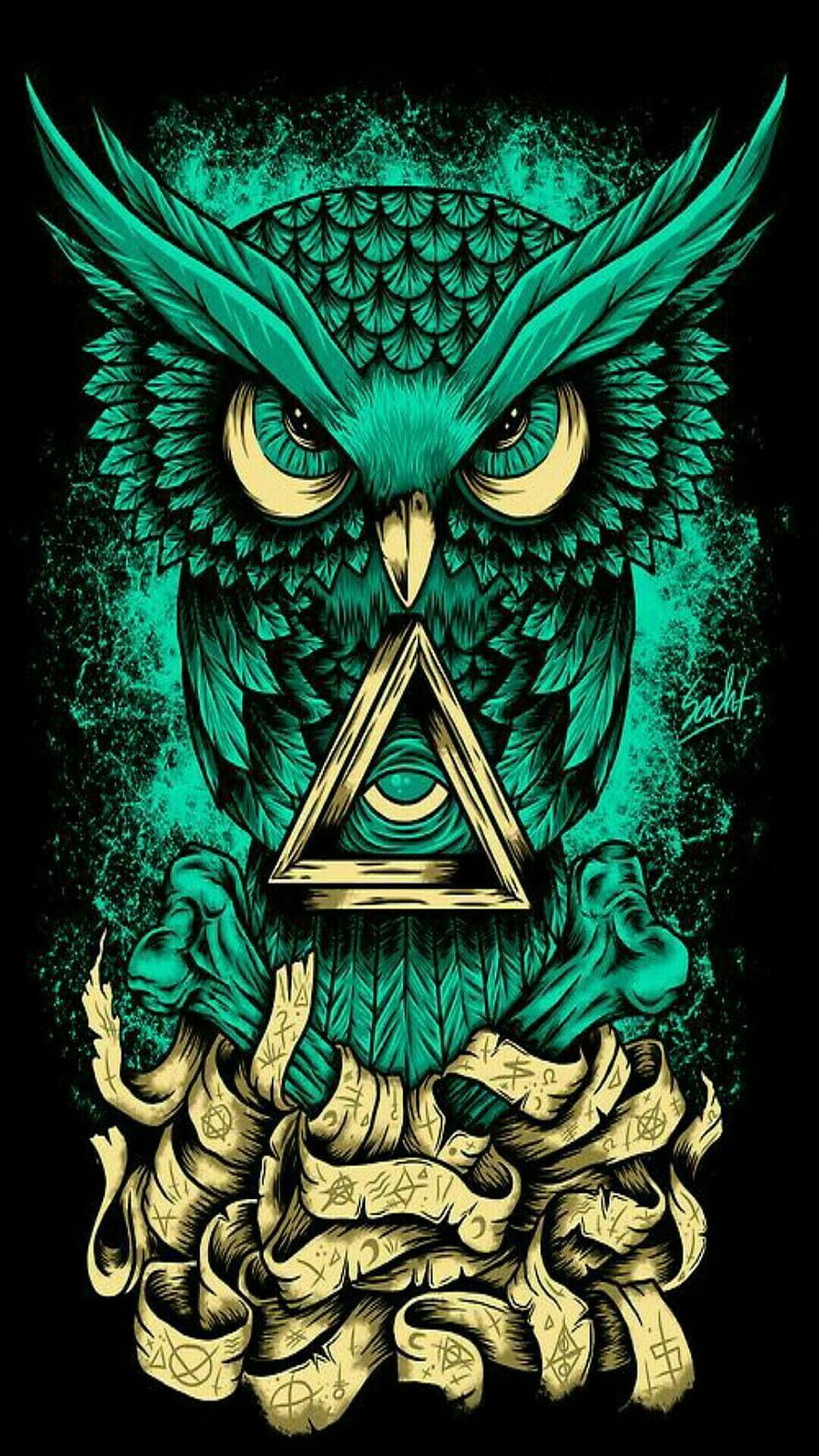 Mystical Teal Owl with Occult Triangle and Runes Tattoo Design HD phone wallpaper