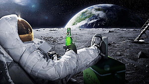 Astronaut Relaxing on the Moon with Carlsberg Beer and Earth in Background HD wallpaper