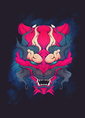 Vibrant Oni Demon Mask Digital Art with Neon Pink and Blue Accents HD phone wallpaper