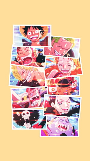 One Piece Straw Hat Crew Members Laughing in Polaroid Photo Collage HD phone wallpaper