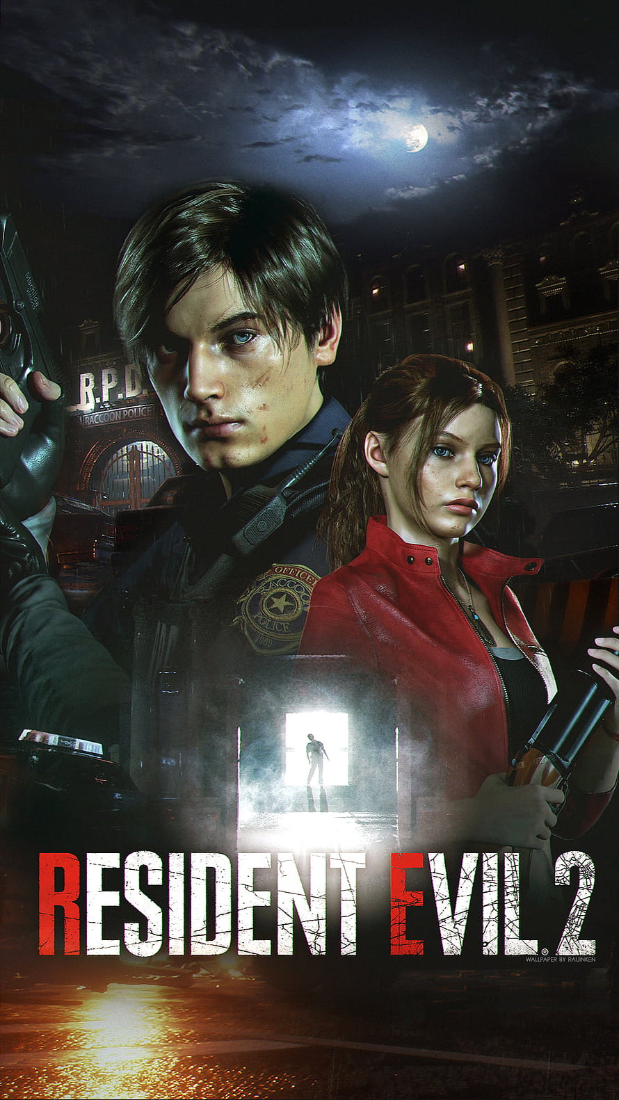 Resident Evil 2 Remake Poster Featuring Leon and Claire in Raccoon City Night Scene HD phone wallpaper
