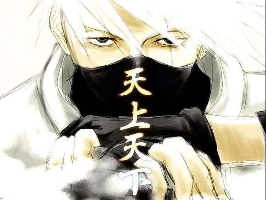 White-Haired Anime Character Wearing Black Mask With Vertical Japanese Calligraphy HD wallpaper