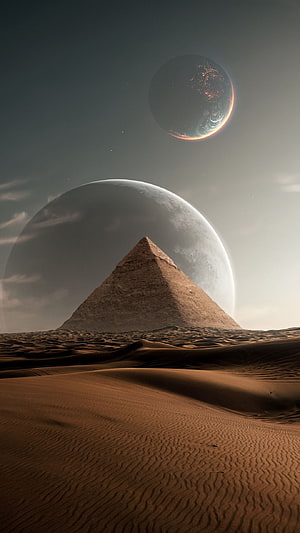 Ancient Egyptian Pyramid in Alien Desert Landscape with Giant Planets HD phone wallpaper