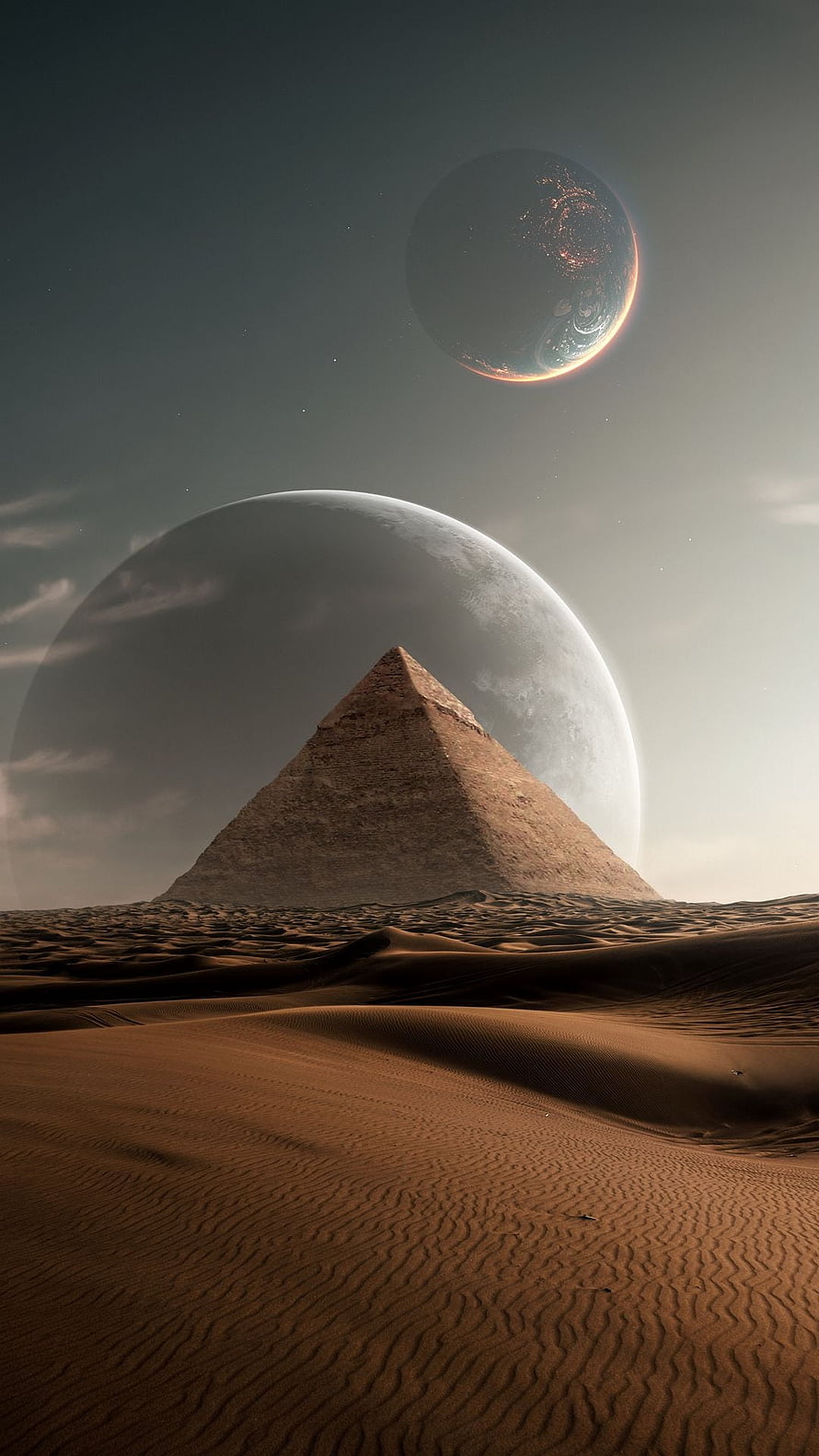 Ancient Egyptian Pyramid in Alien Desert Landscape with Giant Planets HD phone wallpaper