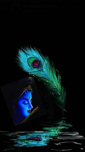 Blue Krishna Profile With Peacock Feather And Water Reflection HD phone wallpaper