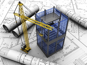 3D Architectural Blueprint Concept with Tower Crane and Glass Building Model HD wallpaper