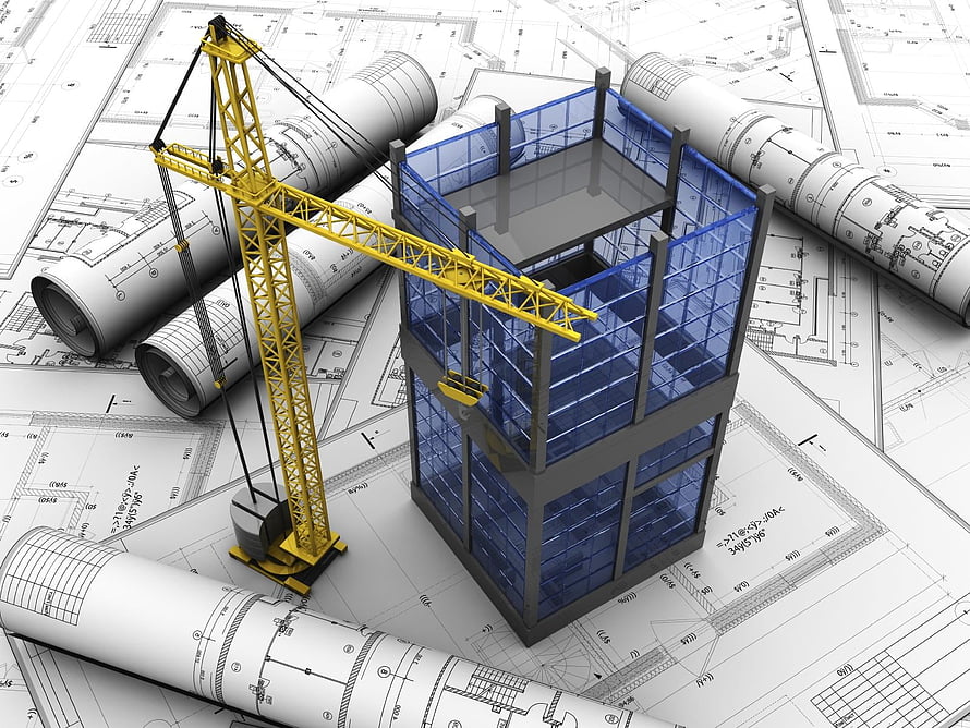 3D Architectural Blueprint Concept with Tower Crane and Glass Building Model HD wallpaper
