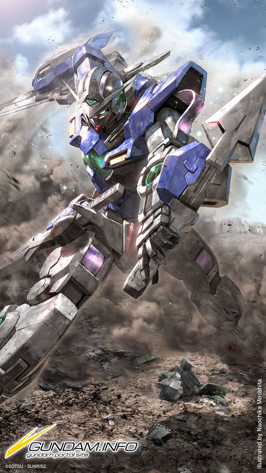 Gundam Exia in Dynamic Battle Pose Amidst Dusty Battlefield Debris HD phone wallpaper