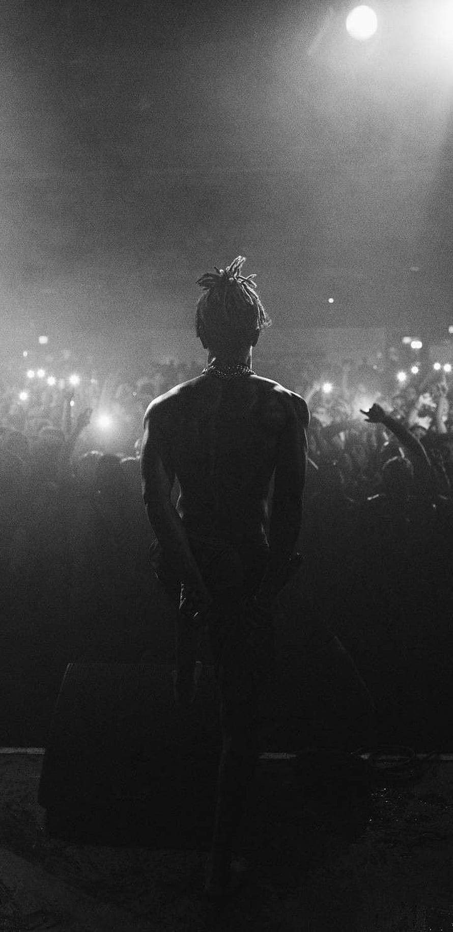 Silhouette of a shirtless male performer with dreadlocks facing a crowd at a concert HD phone wallpaper