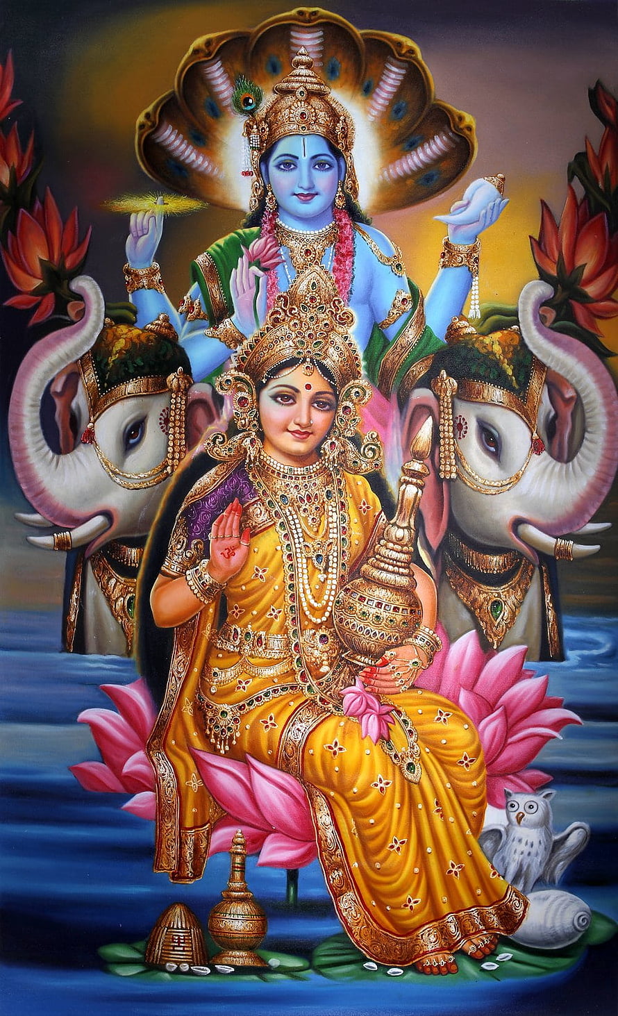 Lakshmi and Vishnu Hindu Deities Wallpaper with Elephants and Lotus HD phone wallpaper