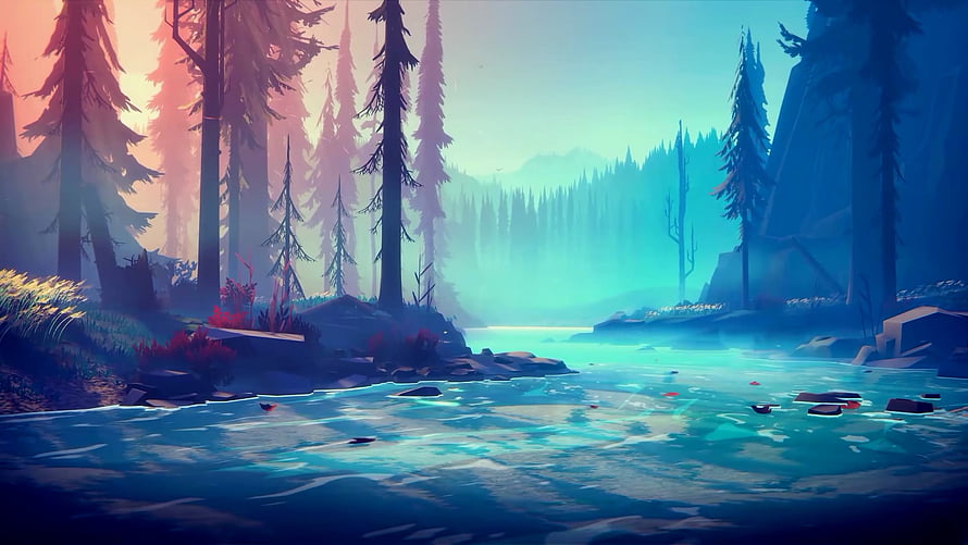 Serene Digital Art of a Misty Forest River at Sunset with Tall Pine Trees HD wallpaper
