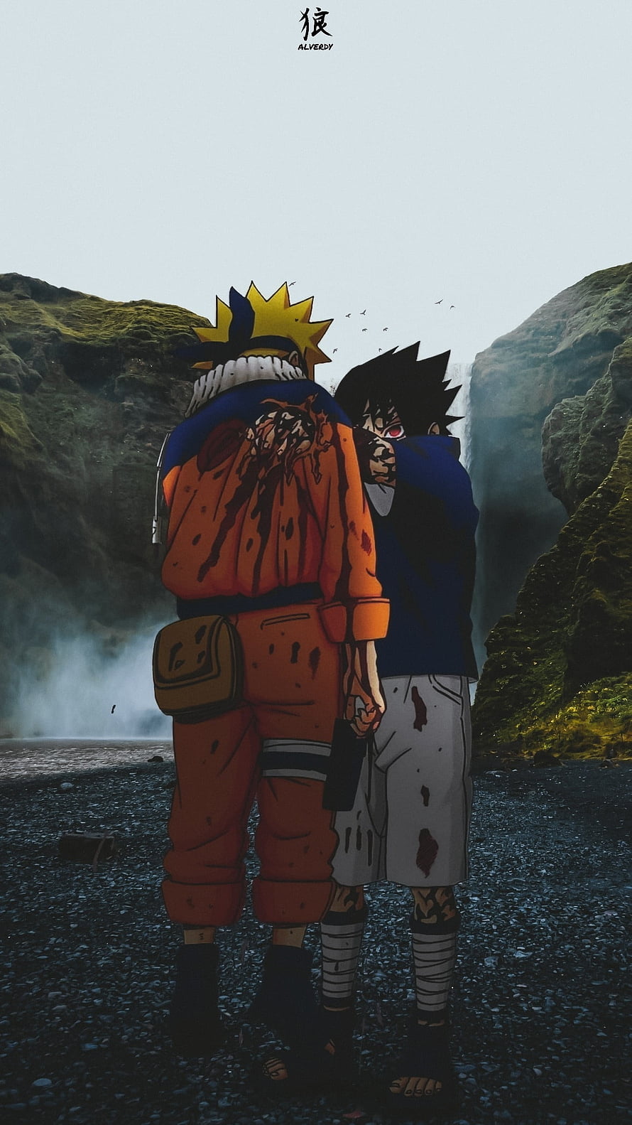 Naruto and Sasuke standing together in a misty canyon landscape with waterfalls HD phone wallpaper