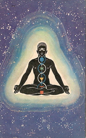 Meditating Figure with Chakra Energy Centers and Cosmic Aura HD phone wallpaper