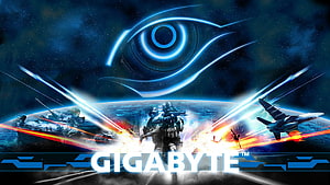 Gigabyte Gaming Logo With Soldier, Tank, Jet, and Glowing Eye Over Planet HD wallpaper