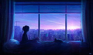 Girl Reading in Bed with Cat Overlooking Neon City Skyline at Night HD wallpaper