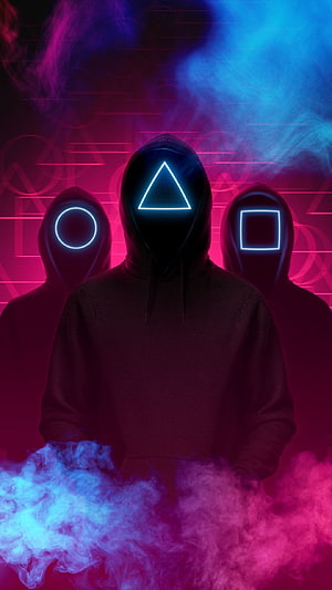 Squid Game Hooded Figures with Glowing Geometric Shapes in Neon Smoke HD phone wallpaper