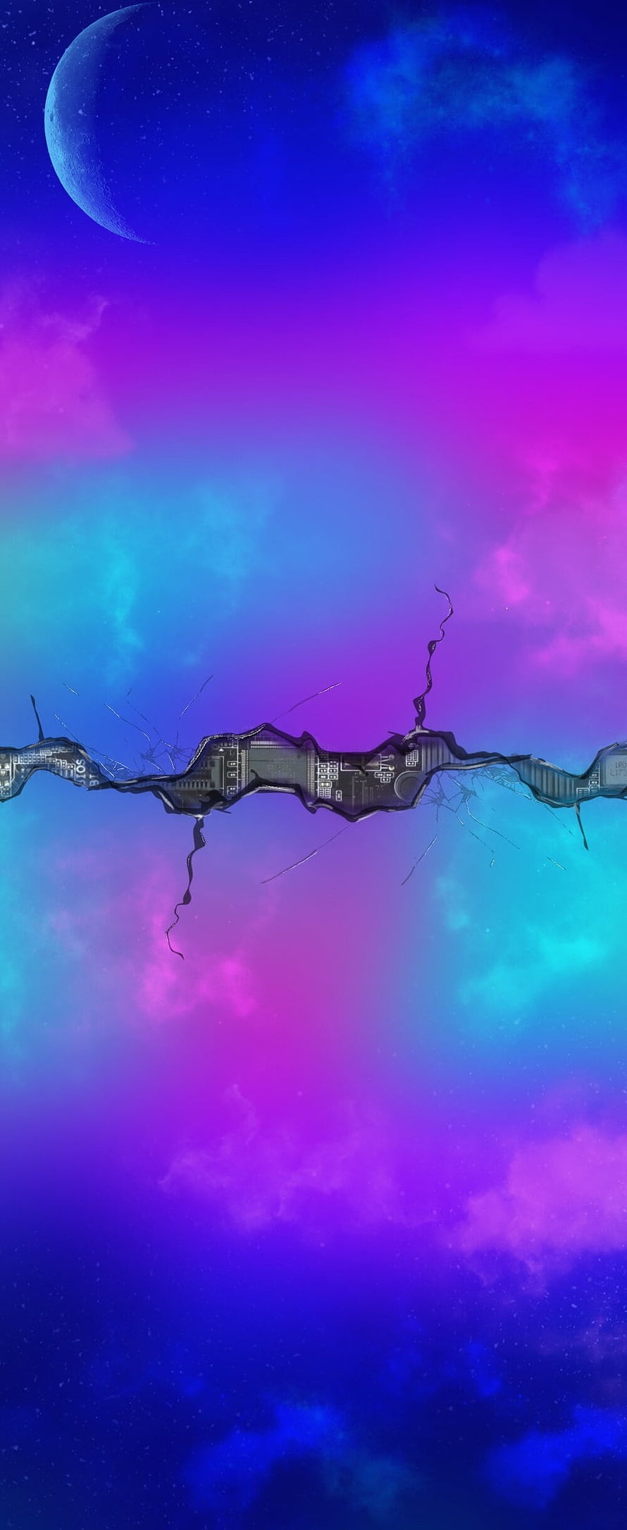 Cracked Galaxy Z Flip 3 Display Against Vibrant Cosmic Nebula Sky HD phone wallpaper