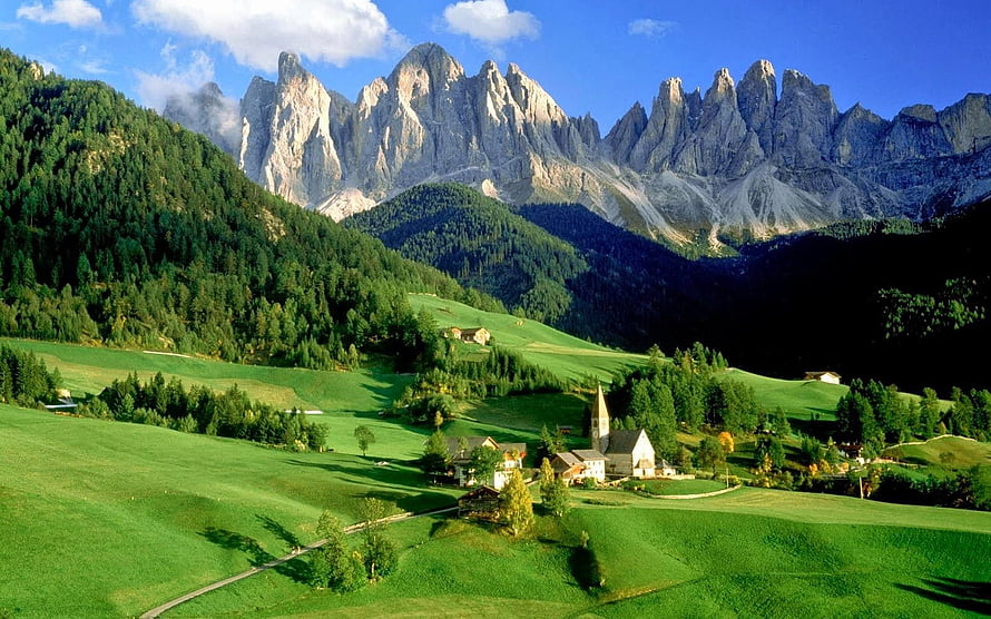 Stunning Dolomites Landscape with Green Hills and Mountain Peaks HD wallpaper