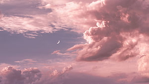 Dreamy Pink Clouds and Crescent Moon in a Soft Pastel Sky HD wallpaper