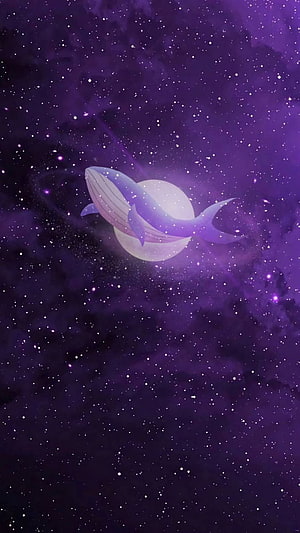 Dreamy Purple Space Whale Swimming Past a Glowing Moon in a Starry Galaxy HD phone wallpaper