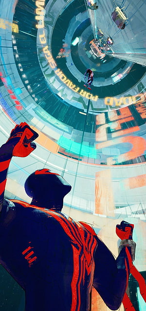 Miles Morales Spider-Man swinging through futuristic cityscape with neon lights and skyscrapers, Across the Spider-Vers, Spider-Man, Into the Spider-Verse, Miguel O'Hara, 2099, Across the Spider-Verse, Miles Morales HD phone wallpaper