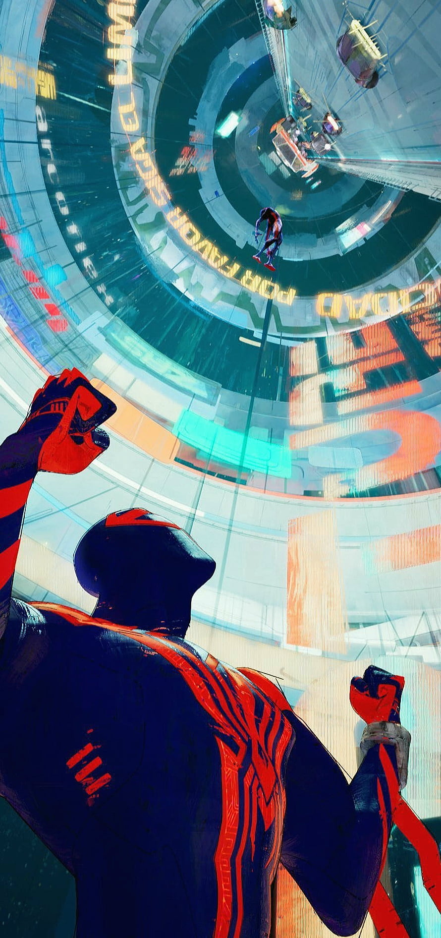 Miles Morales Spider-Man swinging through futuristic cityscape with neon lights and skyscrapers, Across the Spider-Vers, Spider-Man, Into the Spider-Verse, Miguel O'Hara, 2099, Across the Spider-Verse, Miles Morales HD phone wallpaper