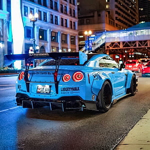 Blue Liberty Walk Nissan GT-R R35 Night City Street Photography HD phone wallpaper