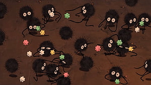Studio Ghibli animated scene featuring a swarm of spiky black creatures with expressive eyes on a brown earthy ground HD wallpaper
