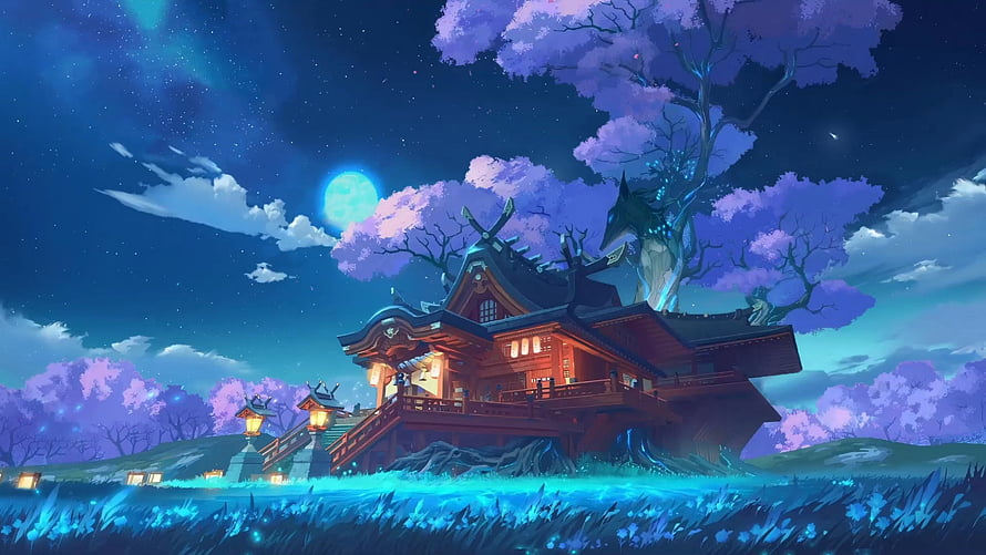 Genshin Impact Inazuma Region Night Scene with Traditional Japanese Architecture and Glowing Moon HD wallpaper