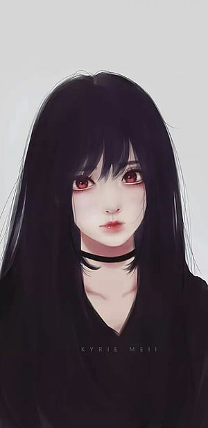 Emo Anime Girl Portrait with Long Black Hair and Red Eyes HD phone wallpaper
