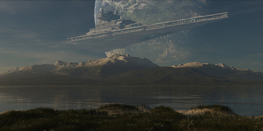 Massive Sci-Fi Spaceship Hovering Over Mountains and Lake HD wallpaper