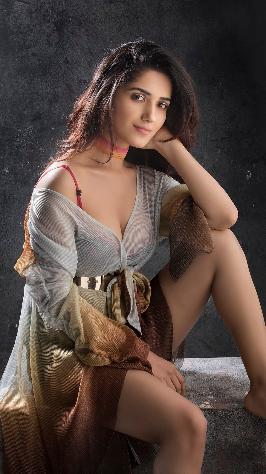 Ruhani Sharma Studio Portrait in Flowing Pleated Dress Against Dark Textured Backdrop HD phone wallpaper