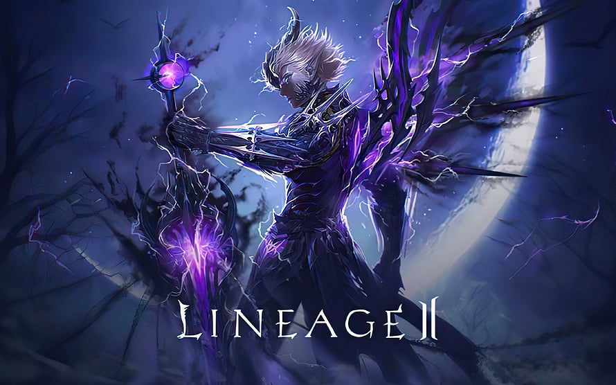 Lineage II Dark Sorcerer Character Art with Purple Energy and Thorned Wings HD wallpaper