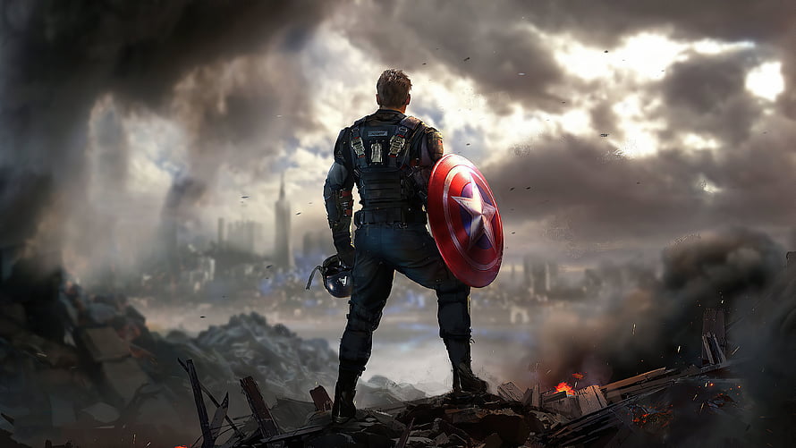 Captain America Standing Amidst War-Torn City Ruins With Shield HD wallpaper