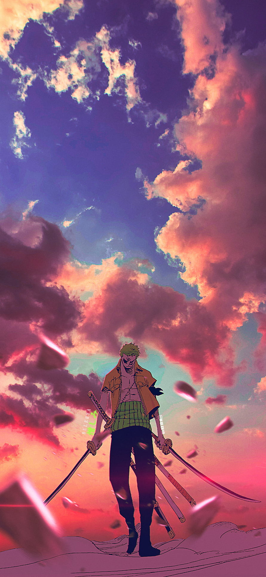 Roronoa Zoro Standing With Three Swords Under Dramatic Sunset Clouds HD phone wallpaper