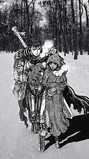 Berserk Guts and Casca Walking Through Snowy Forest in Black and White Manga Style HD phone wallpaper