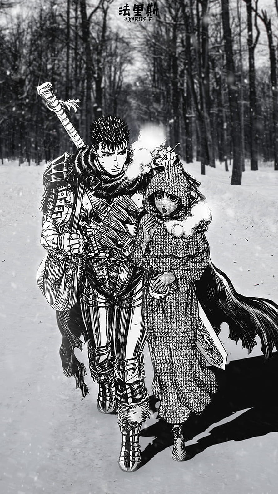 Berserk Guts and Casca Walking Through Snowy Forest in Black and White Manga Style HD phone wallpaper