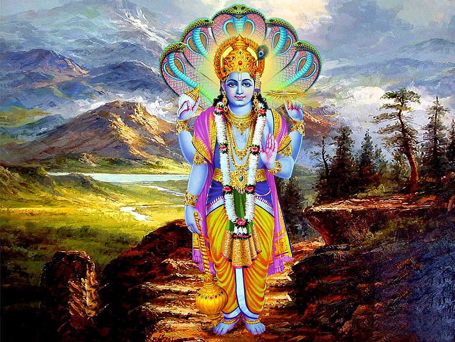 Lord Shiva with Peacock Feather Crown Standing in Mountain Landscape HD wallpaper