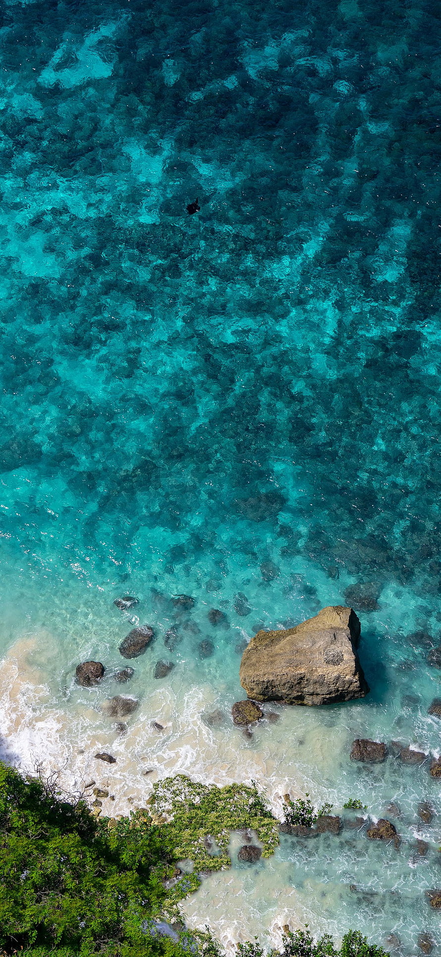 Aerial View of Turquoise Ocean Water, Rocky Shoreline, and Tropical Vegetation HD phone wallpaper