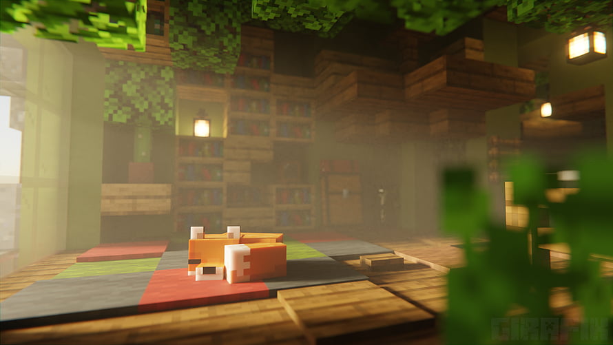 Cozy Minecraft Treehouse Interior with Sleeping Fox and Bookshelves HD wallpaper