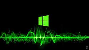 Windows 10 Green Logo with Glowing Audio Waveform on Black Background HD wallpaper