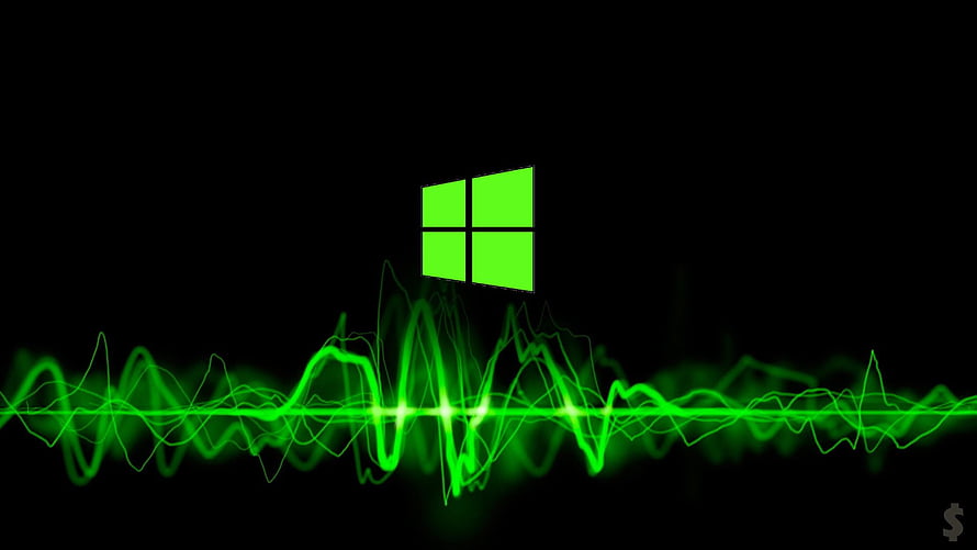 Windows 10 Green Logo with Glowing Audio Waveform on Black Background HD wallpaper