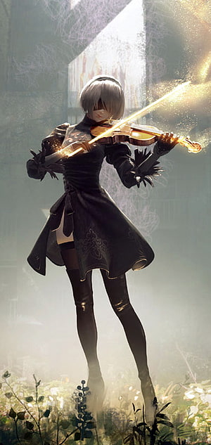 2B from NieR Automata Playing Violin in a Sunlit Garden HD phone wallpaper