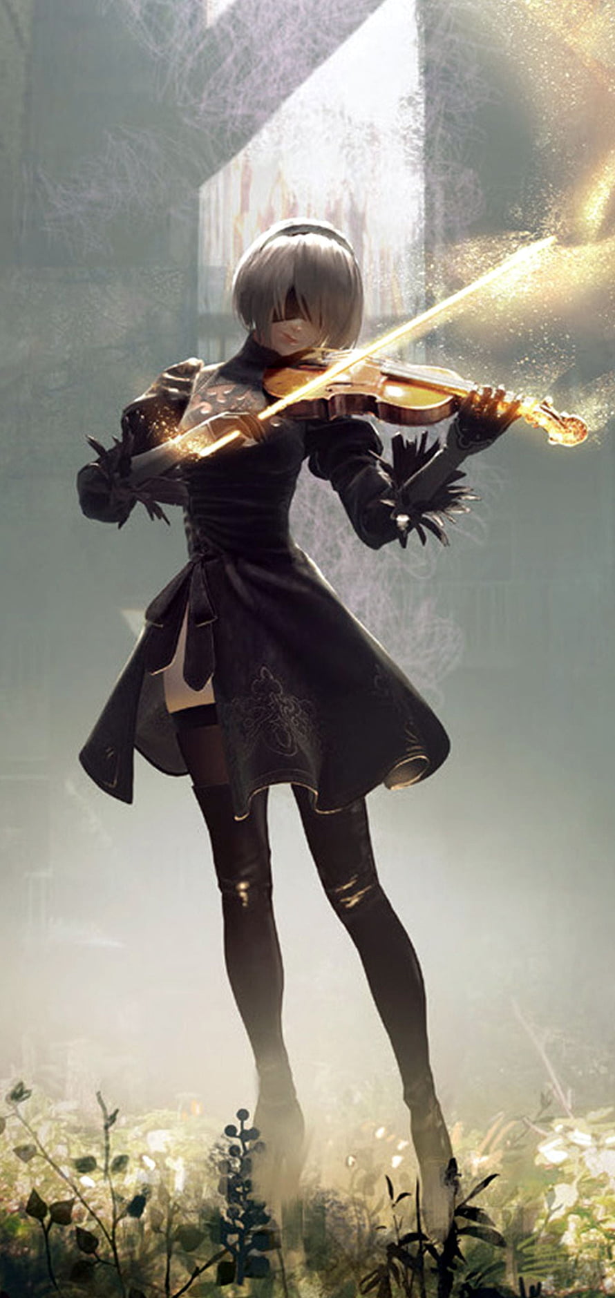 2B from NieR Automata Playing Violin in a Sunlit Garden HD phone wallpaper
